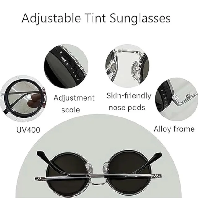 Adjustable Tint Sunglasses Twist Round SunglassesAdjustable Brightness1-9 Gears Polarized, Unisex Round Glasses for Fishing Driving Cycling, UV400 Protection Outdoor Shades