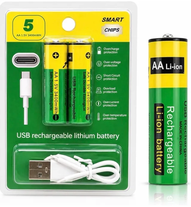 Rechargeable Batteries USB-C, 2 Pack 1.5V Lithium Ion Batteries 1480mAh, Fast Charging No Charger Needed, Low Self Discharge Long Lasting Batteries