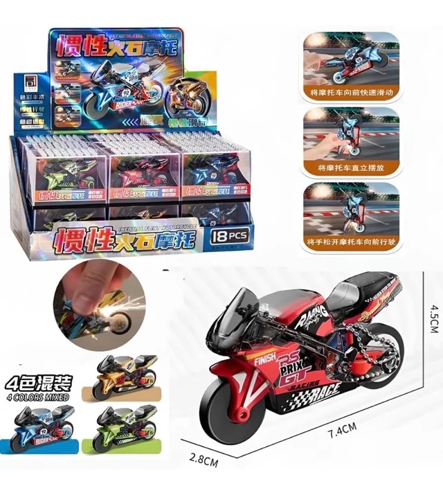 Friction Powered Racing Motorcycle Keychain with Spark Light Effect, Pull Back Sports Bike Keyring, Transparent Body Inertia Drive Mini Bike for Kids Boys Girls Gift