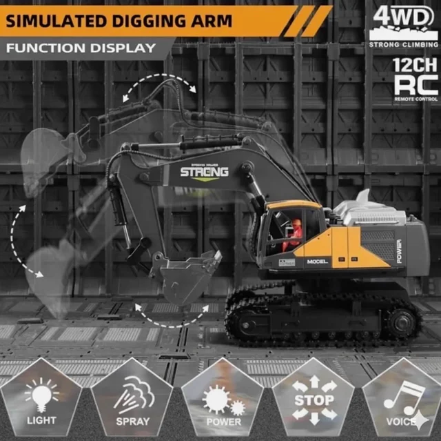 12-Channel Remote Control Excavator Toy for Children 6+, 360° Rotating Construction Vehicle with Realistic Sounds, Smoke Effects, LED Lights and Metal Bucket