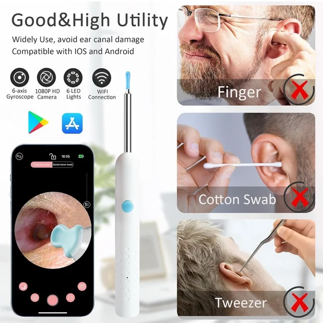 Earocam Earwax Removal Tool Kit with HD Camera WiFi Connection & 6 LED Lights Endoscope Tool Ear Cleaner Set of 8, Otoscope with Light for iOS & Android Kids Children Adults Gift Gadget (6 Months Warranty)