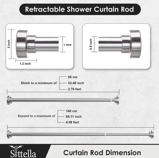 Adjustable Extendable Shower Curtain Stainless Steel Tension Rod Non-Drilling Anti-Skid Spring Pull Rod -Silver (Curtain Rods No Drilling for Wall - 105 to 185cm