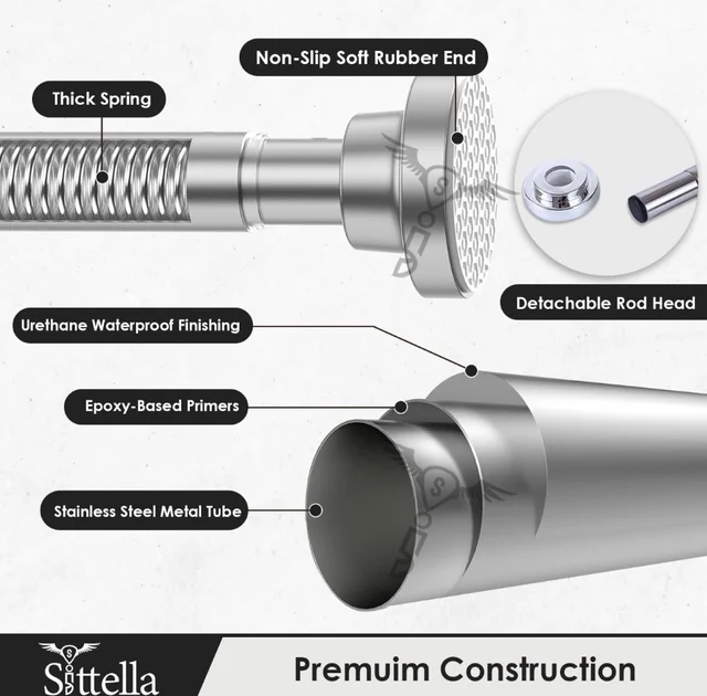 Adjustable Extendable Shower Curtain Stainless Steel Tension Rod Non-Drilling Anti-Skid Spring Pull Rod -Silver (Curtain Rods No Drilling for Wall - 105 to 185cm
