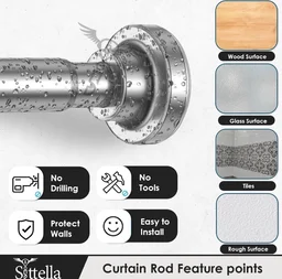 Adjustable Extendable Shower Curtain Stainless Steel Tension Rod Non-Drilling Anti-Skid Spring Pull Rod -Silver (Curtain Rods No Drilling for Wall - 105 to 185cm