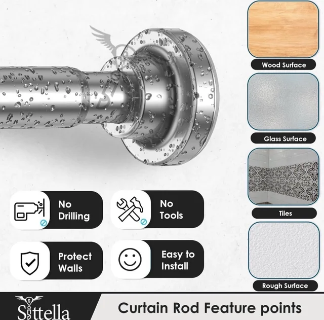 Adjustable Extendable Shower Curtain Stainless Steel Tension Rod Non-Drilling Anti-Skid Spring Pull Rod -Silver (Curtain Rods No Drilling for Wall - 105 to 185cm