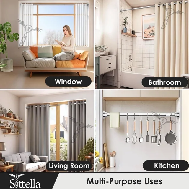 Adjustable Extendable Shower Curtain Stainless Steel Tension Rod Non-Drilling Anti-Skid Spring Pull Rod -Silver (Curtain Rods No Drilling for Wall - 105 to 185cm