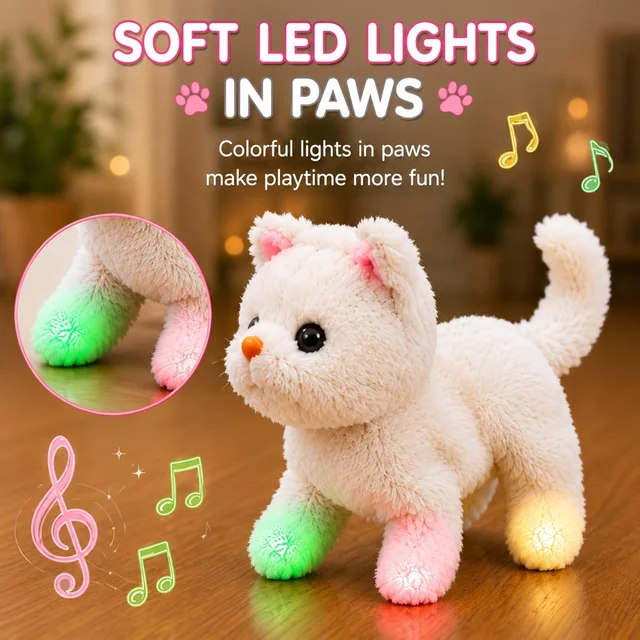 Interactive Walking Talking Cat Toy with LED Lights Battery Operated Plush Kitten Musical Moving Soft Toy Voice Sound Cute Pet Animal Gift for Kids Boys Girls Toddlers - Pack of 2