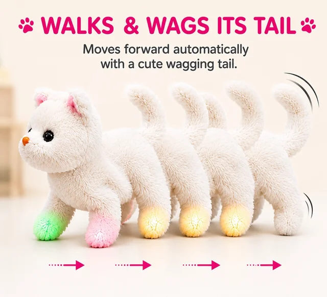 Interactive Walking Talking Cat Toy with LED Lights Battery Operated Plush Kitten Musical Moving Soft Toy Voice Sound Cute Pet Animal Gift for Kids Boys Girls Toddlers - Pack of 2