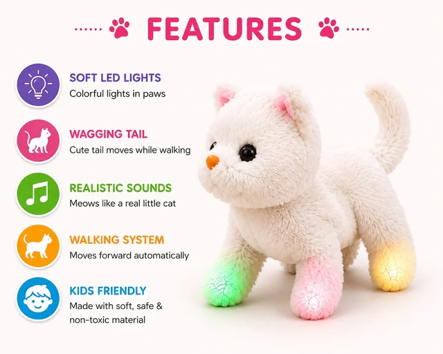 Interactive Walking Talking Cat Toy with LED Lights Battery Operated Plush Kitten Musical Moving Soft Toy Voice Sound Cute Pet Animal Gift for Kids Boys Girls Toddlers - Pack of 2