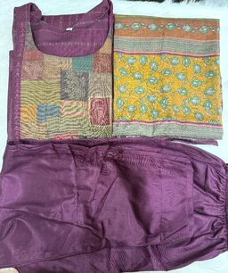 Plum/Wine Patchwork Print Kurta Set with Mustard Floral Dupatta - XXL
