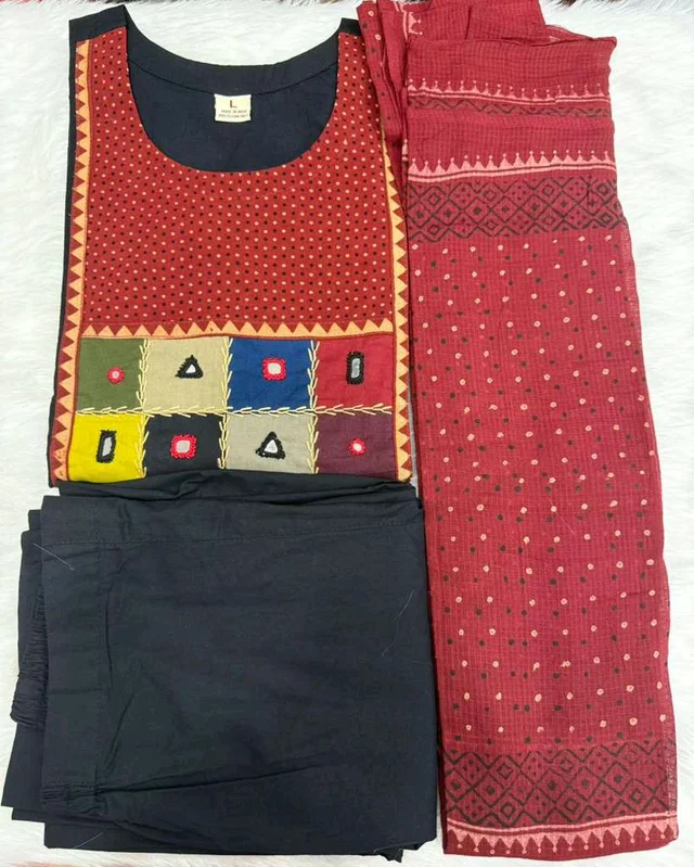 Black Kurta Set with Patchwork Print Dupatta - XL