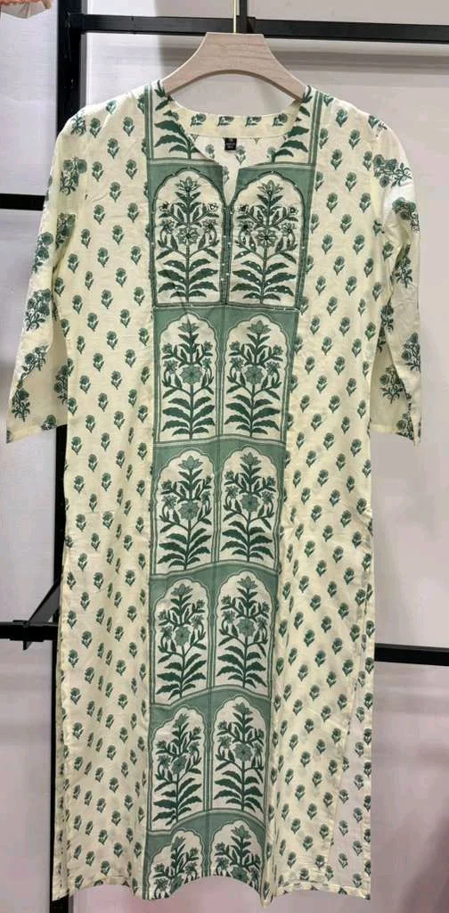 Mint Green & White Printed Kurta Set with Chevron Pants - M