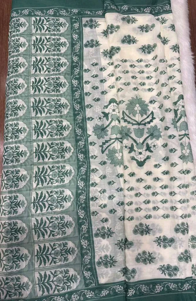 Mint Green & White Printed Kurta Set with Chevron Pants - M