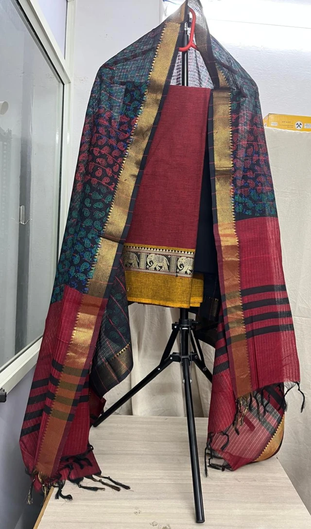 Pure Cotton Three-Piece Set with Elephant Motif Border & Printed Dupatta