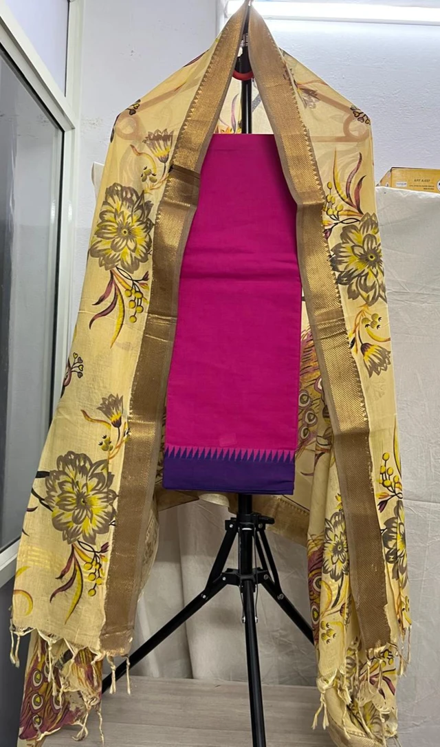 Pure Cotton Two-Piece Set with Zari Border & Floral Printed Dupatta