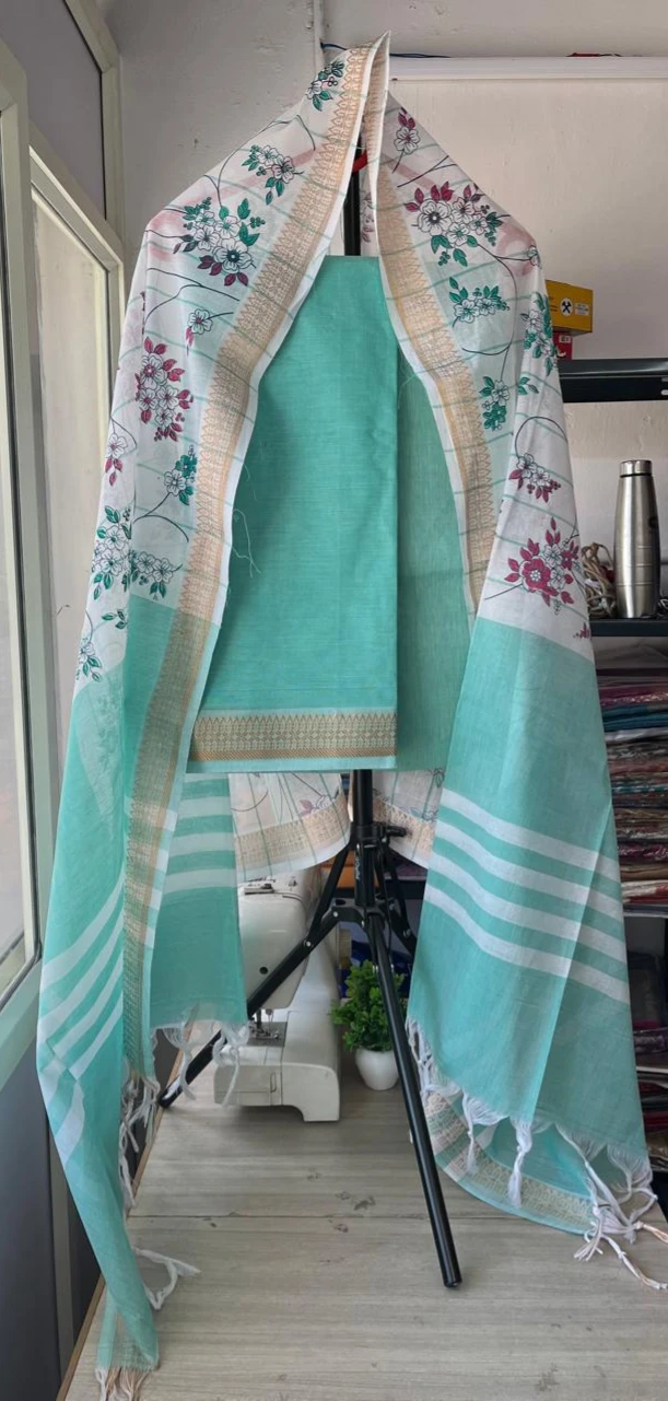 Pure Cotton Three-Piece Set with Printed Dupatta & Woven Zari Border