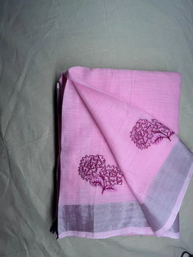 💗 Soft Lenin Cotton Saree with Embroidery – Elegant Everyday Style - light rose