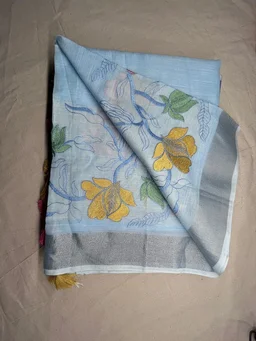 Cotton lenin Embroidery Saree – Elegant Floral Charm - Pastel Sky Blue