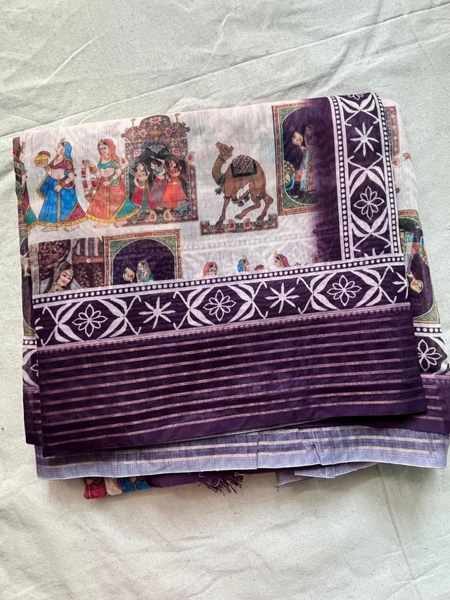 Rajasthani Digital Print Soft Synthetic Saree – Purple Border