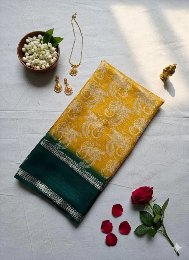 Silk Saree with Peacock Motifs and Green Zari Border