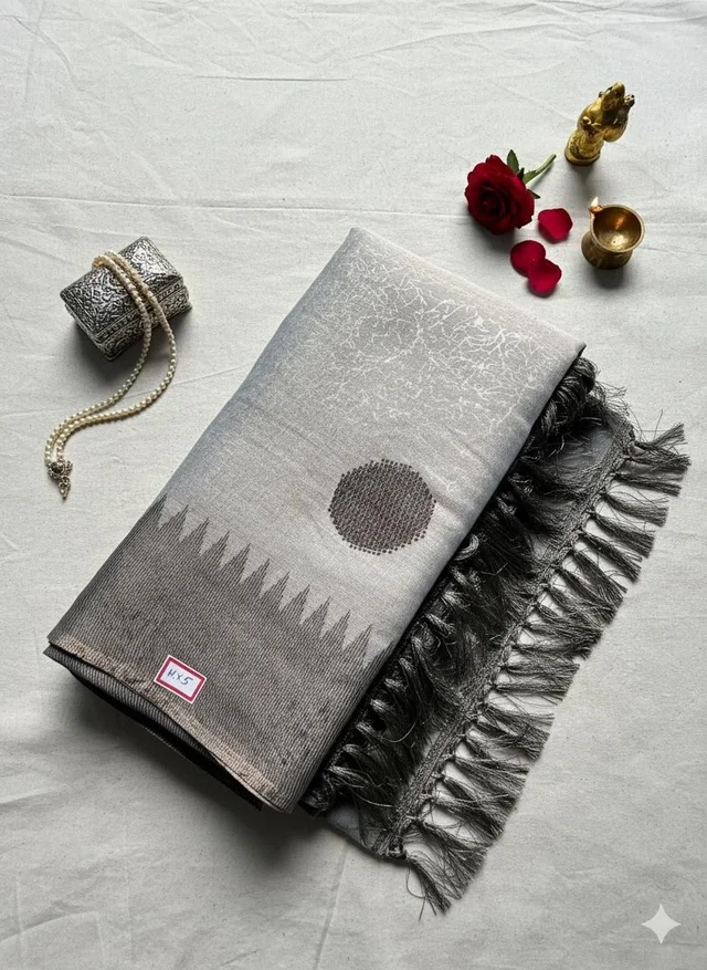Elegant Grey Lenin Cotton Saree with Woven Motif and Tassel Pallu