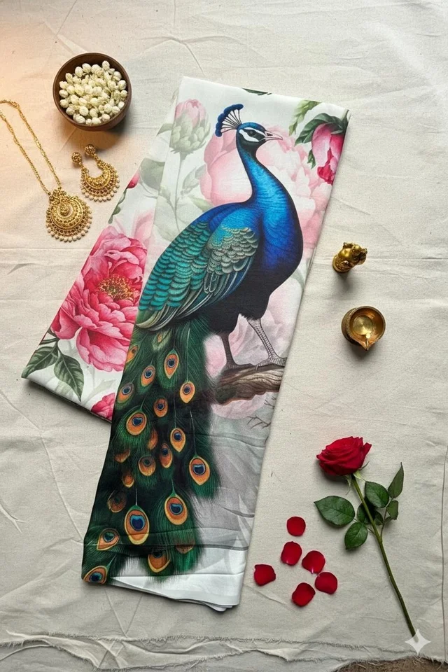 Satin Saree with Floral Digital Design