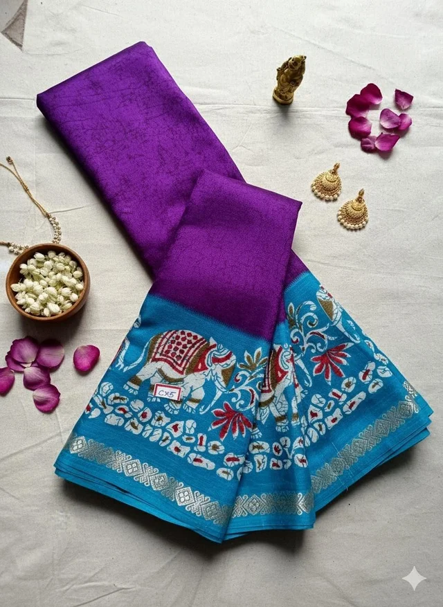 Soft Synthetic Saree withElephant Kalamkari Border