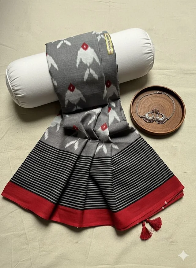 Grey Ikat Cotton Saree with Red Border and Tassel Detailing