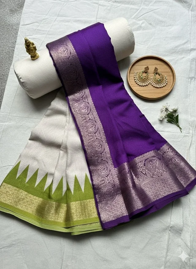 Royal Purple and Green Soft Synthetic Saree with Silver Zari Border