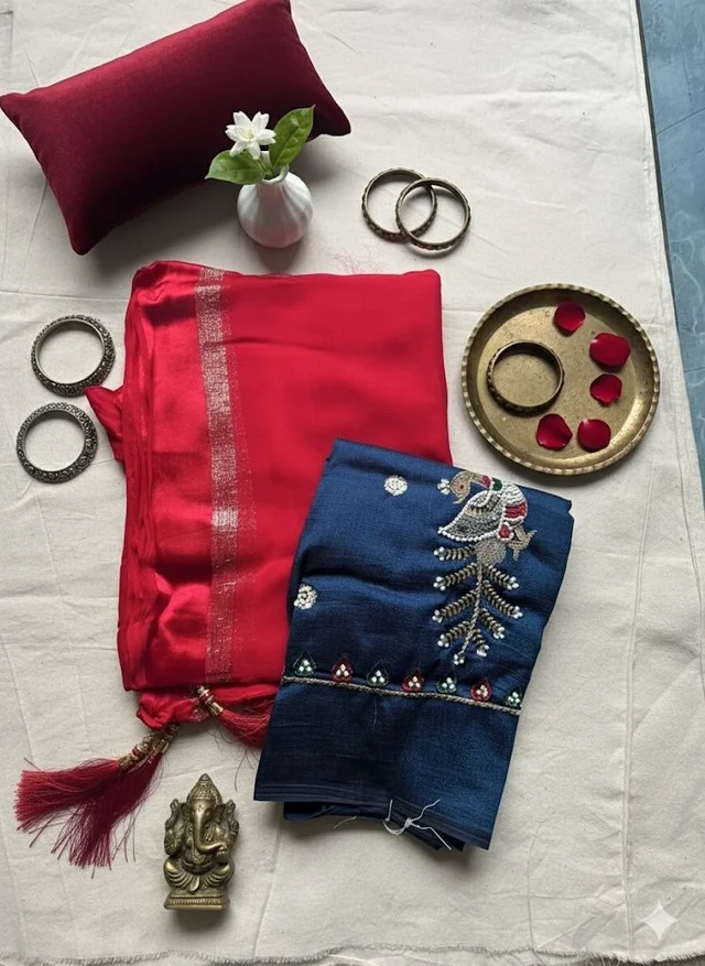 Red Georgette Saree with Blue Embroidered Designer Blouse