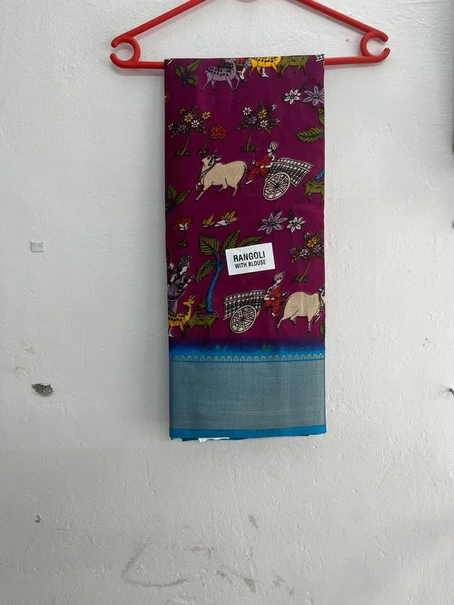 Georgette Rangoli Print Sarees with Folk Motifs & Contrast Border (With Blouse)