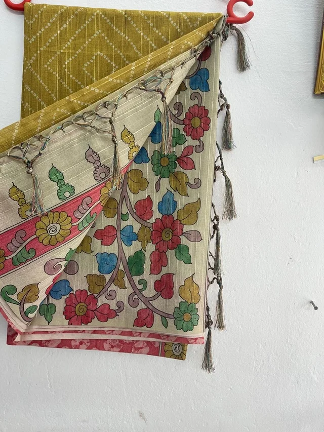 Mustard Yellow Printed Saree with Multicolour Floral Pallu & Tassels
