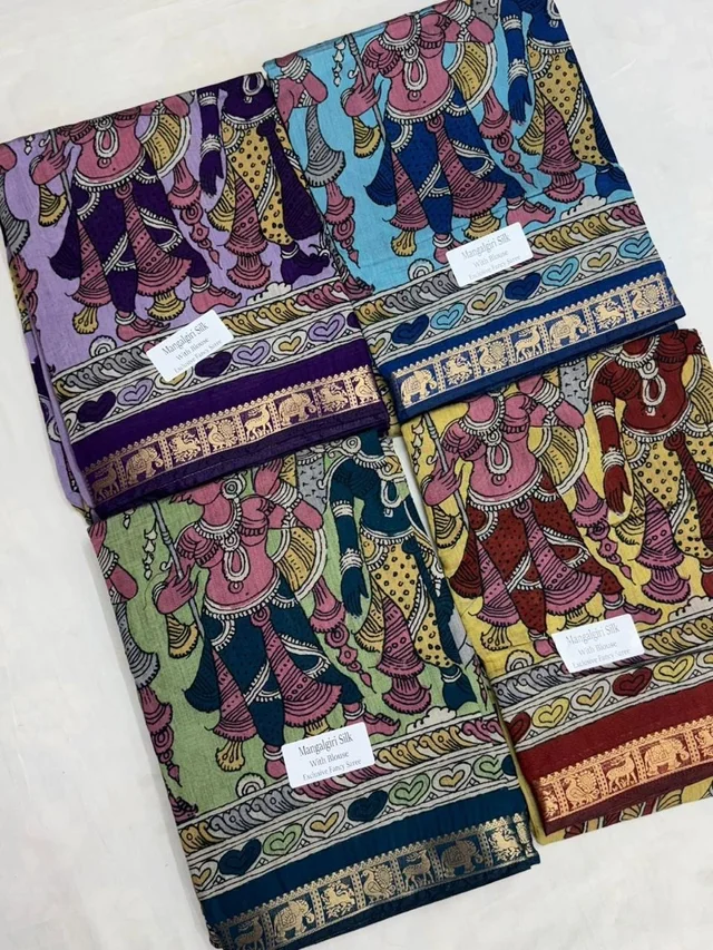 Mangalagiri Silk Saree with Kalamkari-Inspired Design & Zari Border