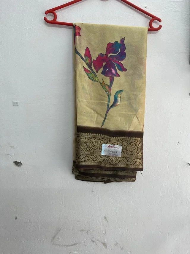 Beige Mixed Saree with Floral Digital Print & Zari Border