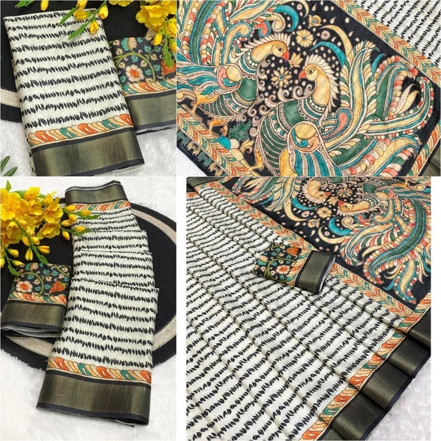 Soft Linen Saree with Kalamkari Pallu & Contrast Border