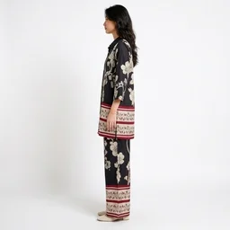 Guess What Women's Black Floral Print Co-ord Set | Shirt & Wide Leg Pants | Guess What - XXL, Black