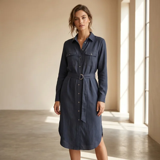 Women's Navy Blue Belted Linen Shirt Dress | Midi Length | Guess What