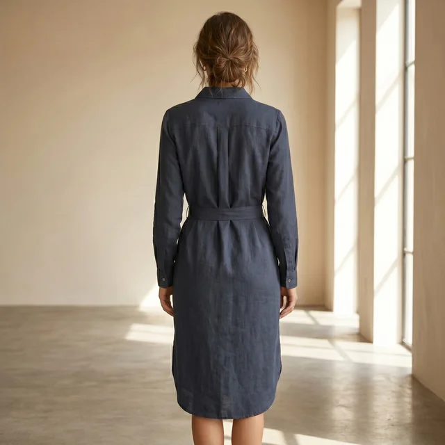 Guess What Women's Navy Blue Belted Linen Shirt Dress | Midi Length | Guess What - S, Navy Blue