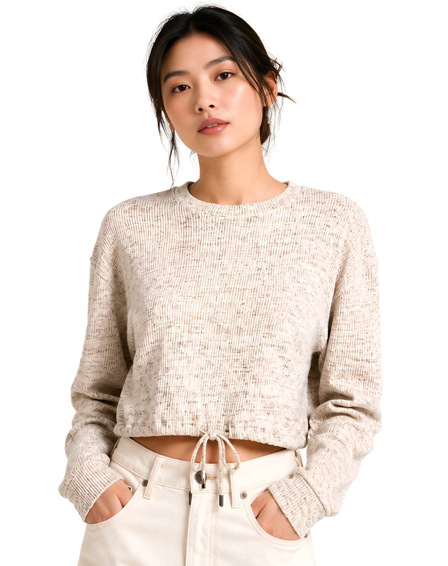Women's Beige Knit Cropped Sweater | Drawstring Hem Pullover Top | Guess What
