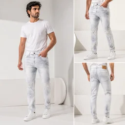 Guess What Men's Ice White Glitter Distressed Regular Fit Jeans | Crystal Spray Denim | GuessWhat - 34, SHADED ICE WHITE