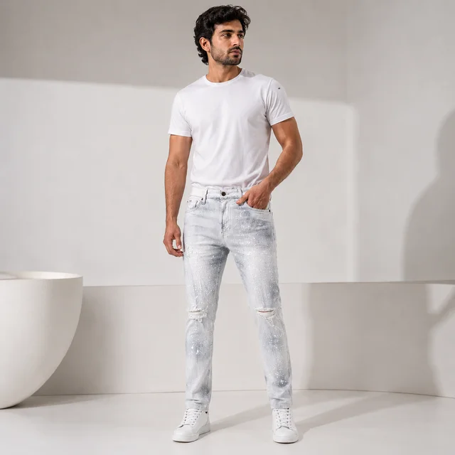 Guess What Men's Ice White Glitter Distressed Regular Fit Jeans | Crystal Spray Denim | GuessWhat - 34, SHADED ICE WHITE