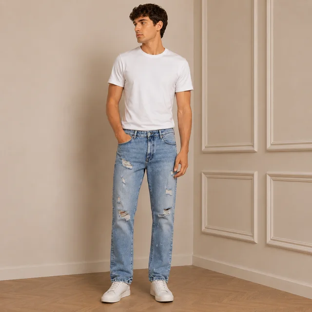 Guess What Men's Light Blue Straight Fit Distressed Jeans | Heavy Ripped Denim | Guess What - 40, Light Blue