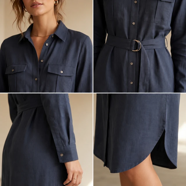 Guess What Women's Navy Blue Belted Linen Shirt Dress | Midi Length | Guess What - S, Navy Blue