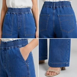 Guess What Women's Mid Blue Wide Leg Elastic Waist Jeans | High Waist Palazzo Denim | Guess What - 28, Mid Blue