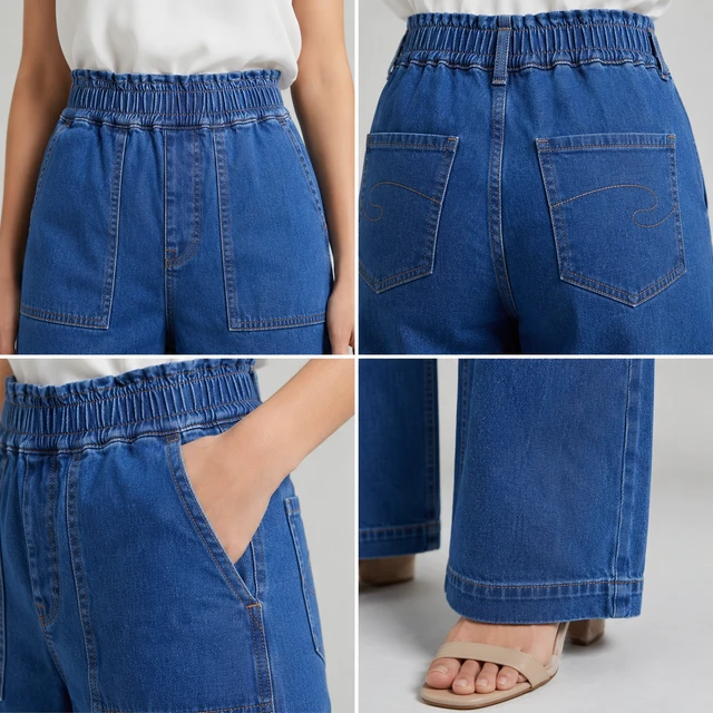 Guess What Women's Mid Blue Wide Leg Elastic Waist Jeans | High Waist Palazzo Denim | Guess What - 28, Mid Blue