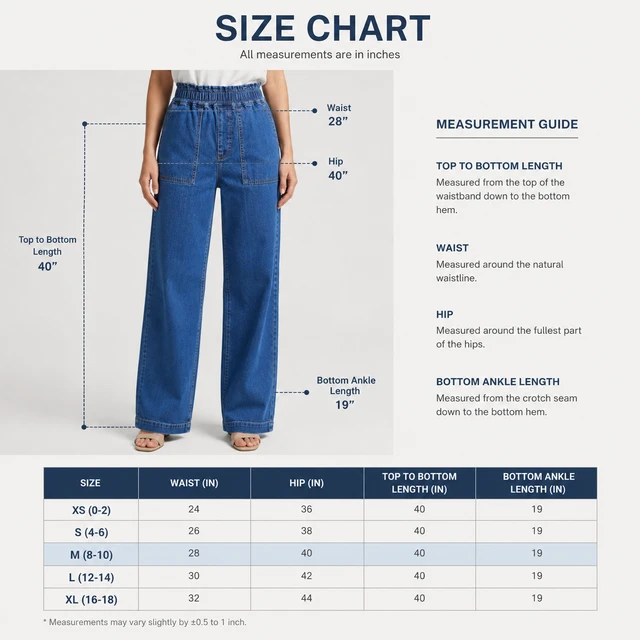 Guess What Women's Mid Blue Wide Leg Elastic Waist Jeans | High Waist Palazzo Denim | Guess What - 28, Mid Blue