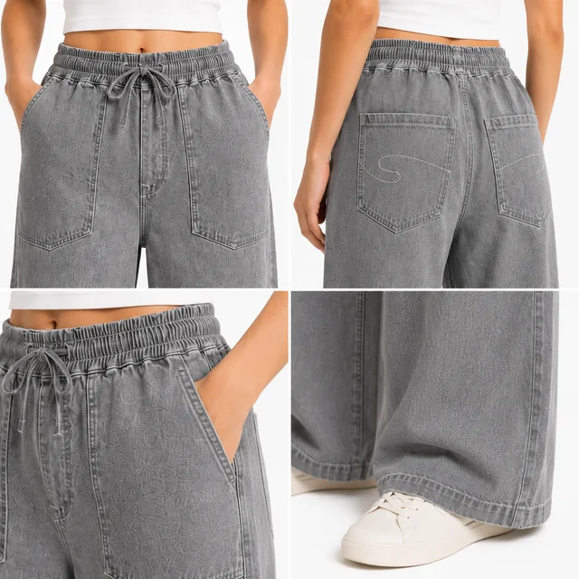 Guess What Women's Grey Wide Leg Drawstring Jeans | Elastic Waist Baggy Denim | Guess What - 28, Grey