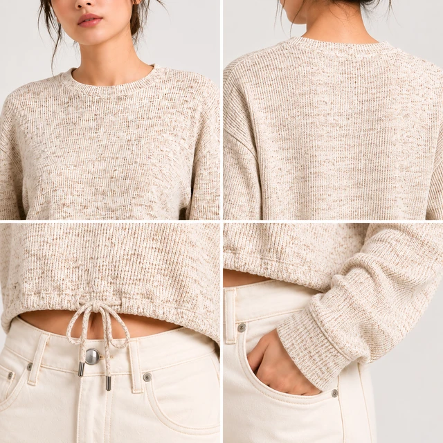 Guess What Women's Beige Knit Cropped Sweater | Drawstring Hem Pullover Top | Guess What - M, Beige