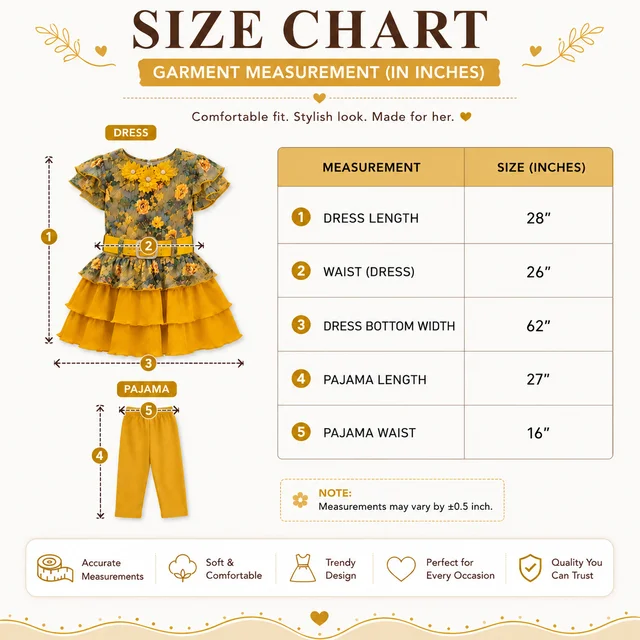 Guess What Girls Yellow Floral Printed Tiered Ruffle Dress with Leggings & Belt | Layered Frill Dress for Girls | Festive & Casual Kids Outfit | guess what - 7 - 8 Years, Yellow