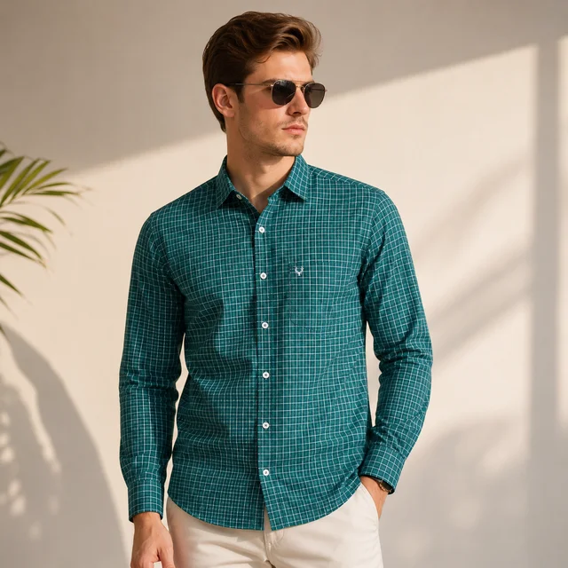 Guess What Allen Solly Men's Teal Green Check Full Sleeve Shirt | Slim Fit Formal Casual Cotton Shirt | Checkered Office Wear Shirt for Men | guess what - M, Teal Green